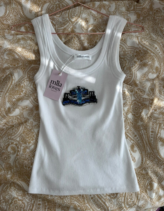 PRE ORDER - Custom Beaded Racing Tank White/Black