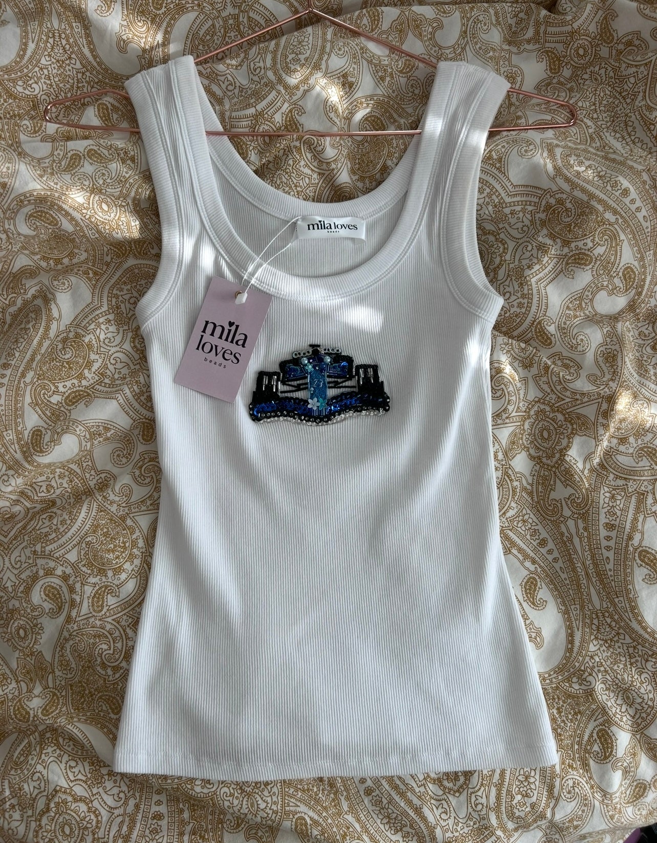 PRE ORDER - Custom Beaded Racing Tank White/Black