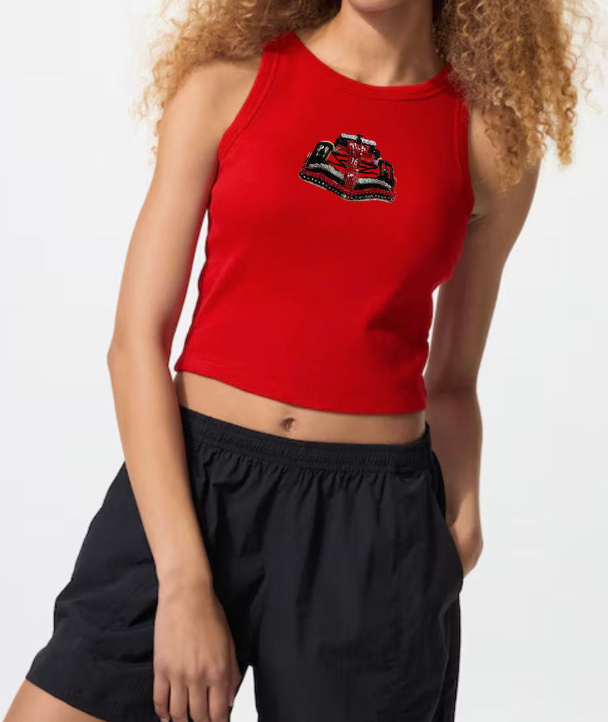 PRE ORDER - Custom High Neck Crop Racing Tank (Built In Bra)