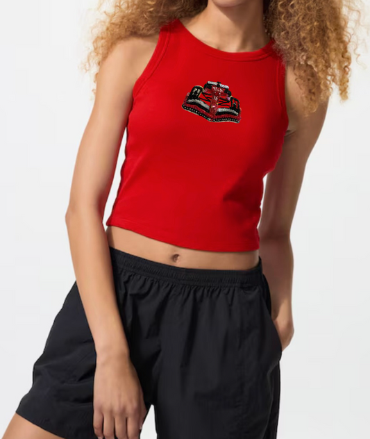 PRE ORDER - Custom High Neck Crop Racing Tank (Built In Bra)